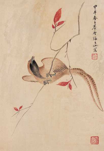 张大壮 1954年作 绢本花鸟 立轴